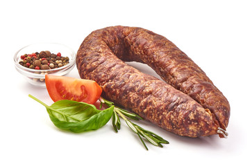 Smoked salami sausage, dried meat, close-up, isolated on white background