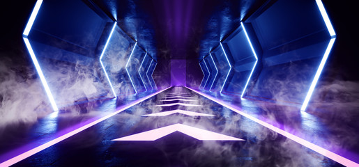Smoke Empty Sci Fi Futuristic Dark Alien Spaceship Hall Tunnel Corridor Led Laser Arrow Shaped Floor Lights Glowing  Vibrant Purple Blue Virtual Reality 3D Rendering