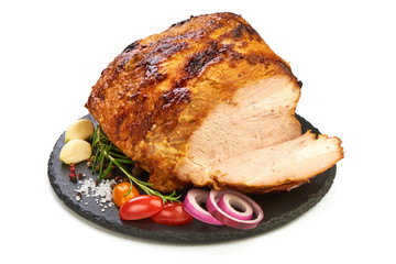Traditional Sliced Honey Glazed pork roast, baked spicy meat, close-up, isolated on white background
