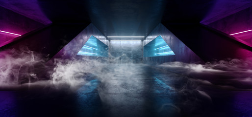 Smoke Smoke Futuristic Sci Fi Neon Fluorescent Vibrant Virtual Reality Purple Red Blue Glowing Grunge Concrete Dark Empty Tunnel Underground Garage Spaceship Reflections 3D Rendering