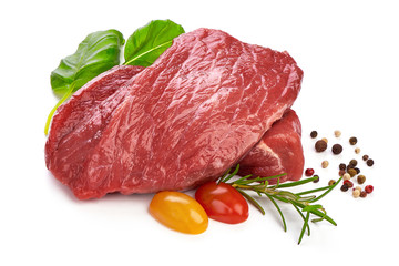 Raw beef steak with rosemary, sliced fresh meat, close-up, isolated on white background.