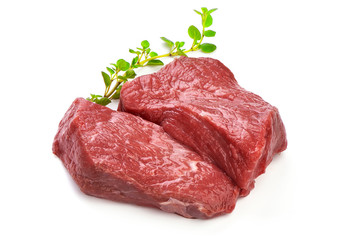 Raw beef for grill, BBQ or cooking, sliced fresh meat, close-up, isolated on white background