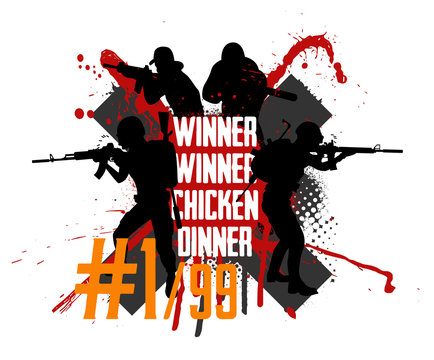Pubg concept. Squad militarys. Playerunknown’s battlegrounds. battle royale game Pubg, Fortnite. Slogan - Winner winner chicken dinner. Vector illustration grunge style