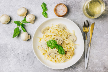 Pasta fettuccine with mushrooms and creamy cheese sauce