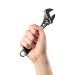 Fototapeta premium Man holding adjustable wrench isolated on white, closeup. Plumbing tools