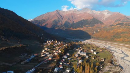 Aerial view of Mestia, Georgia, remote village in mountains of Georgia