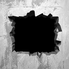 Dark cracked broken hole in concrete wall