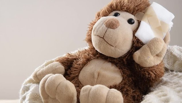 Teddy Bear toy wounded in the head. Accident, healthcare concept