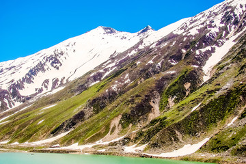Beautiful view of mountainous lake Saiful Muluk in Naran Valley, Mansehra District, Khyber-Pakhtunkhwa, Northern Areas of Pakistan