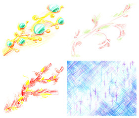 Set of abstract diagonal sloppy multicolored patterns, hand-drawn with colored pencils isolated on white background.
