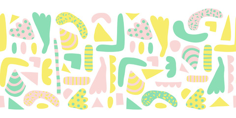 Seamless horizontal border modern abstract shapes vector. Pattern of simple elements green, yellow, pink background. Scandinavian style. Modern happy kids print for girl decor, fabric, banner, Easter
