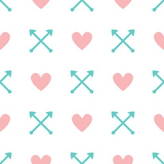 Romantic seamless pattern with hearts and arrows. Cute pastel print.