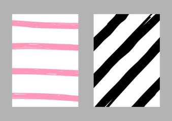 Set of two vertical  striped templates drawn by hand. Sketch, grunge, paint. Vector illustration. White, pink, black.