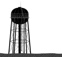 High and large water tower from the USA. Black on a white background. Water supply or plumbing.