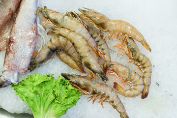 Fresh chilled seafood shrimp and octopus on ice at the fish market counter.