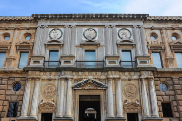 Main facade of Palace of Charles V inside the Alhambra. Renaissance monument in Granada, Spain