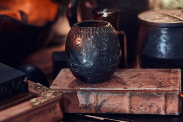 Ancient Chinese Medicine. Close-up view of a wooden table with various accessories 
