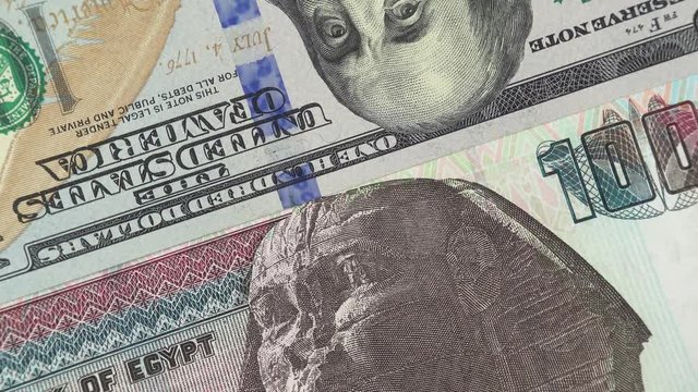 Egypt pound against US dollar bill rotating. Egypt and USA trade. 4K stock video footage