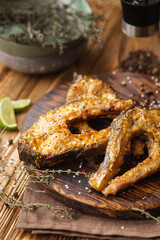 Carp baked in honey mustard sauce. Fried Slices of Big River Fish. Battered fish