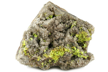 autunite (uranium ore) from Vogtland, Germany isolated on white background