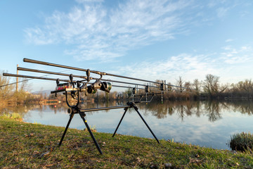 Fototapeta na wymiar Carp fishing rods on a lake