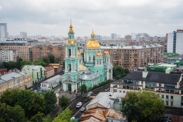 Fototapeta na wymiar Moscow, Russia - July 20, 2018: Epiphany Cathedral at Yelokhovo, is the vicarial church of the Moscow Patriarchs