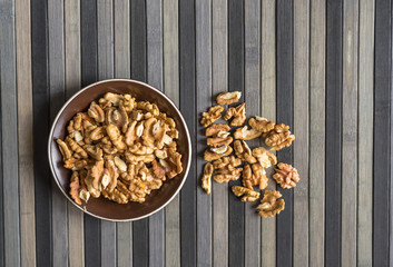 Healthy food  for background image close up walnuts.  Nuts  texture on top view on the cup plate