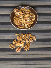Healthy food  for background image close up walnuts.  Nuts  texture on top view on the cup plate