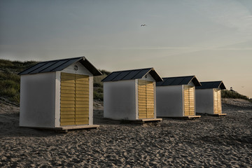 white yellow beach houses in the dunes of Cadzand Bad, The Netherlands. Banner