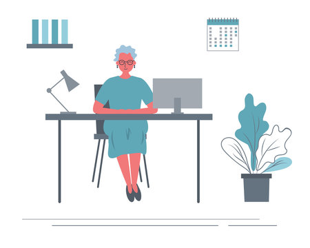 Web banner of an elderly office worker in the workplace. Old lady is sitting at the desk in the office room. There is a computer, a lamp, a calendar, folders and flower in the picture. Vector