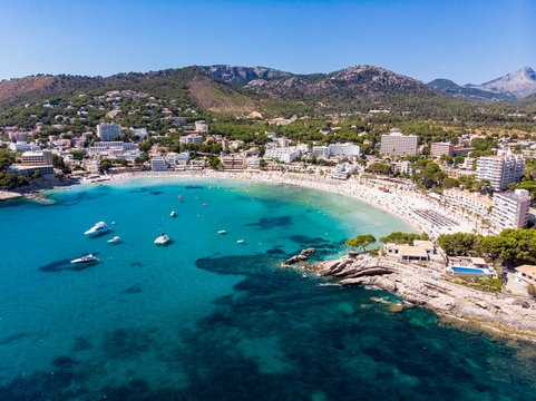 Spain, Balearic Islands, Mallorca, Region Calvia, Costa de la Calma, Peguera, Aerial view of beach with hotels