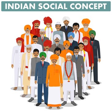 Family and social concept. Group young, adult and senior indian people standing together in different traditional clothes on white background in flat style. Vector illustration.