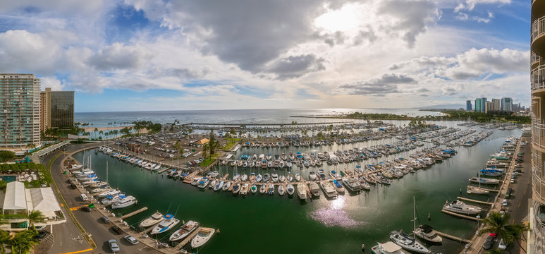 USA, Hawaii Oahu, Honolulu, Ala Wai Boat Harbor against the sun