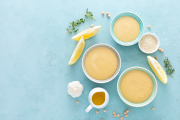Chickpea sauce with fresh lemon juice, sesame seeds, garlic and olive oil