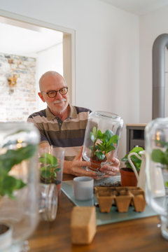 Senior man making glass biotopes at home