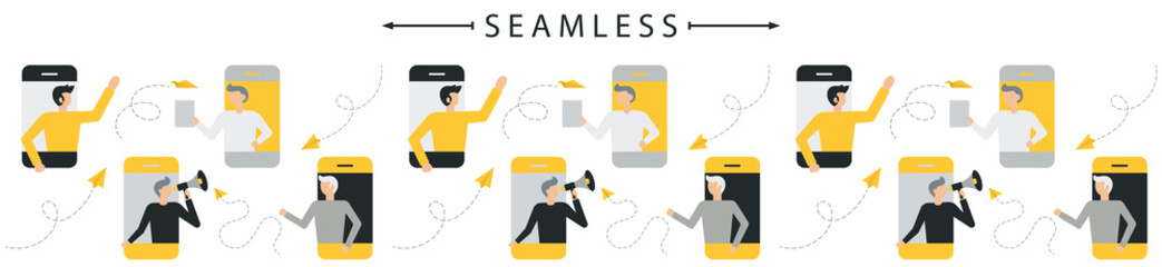 Vector horizontal seamless border with office concept business people and mobile phones