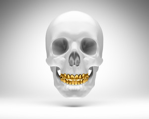 Weißer Schädel mit goldenen Zähnen