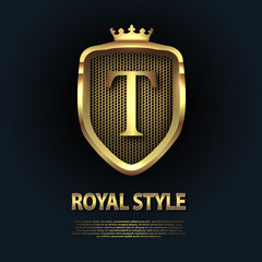 Letter T on the shield with crown isolated on dark background. Golden 3D initial logo business vector template. Luxury, elegant, glamour, fashion, boutique for branding purpose. Unique classy concept