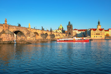 Scenic view Charles bridge and historical center of Prague, buildings and landmarks of old town at sunset, Prague, Czech Republic