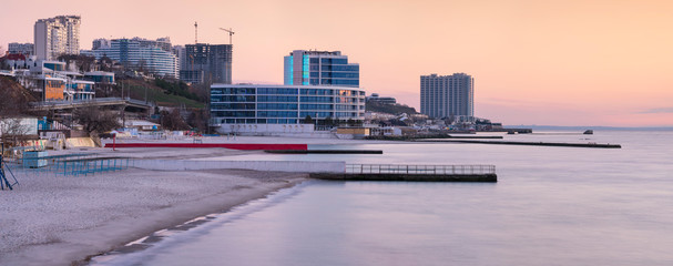 panorama of modern buildings on sea shore in Odessa in Ukraine in morning time