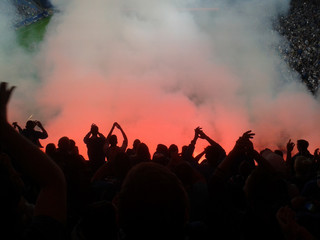 Fototapeta na wymiar Football fans lit up the lights and smoke flares. revolution. protest