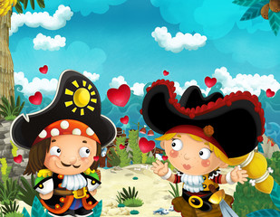 Cartoon scene of beach near the sea or ocean - pirate captains woman and man on the shore - loving couple romance - pirate ships - illustration for children