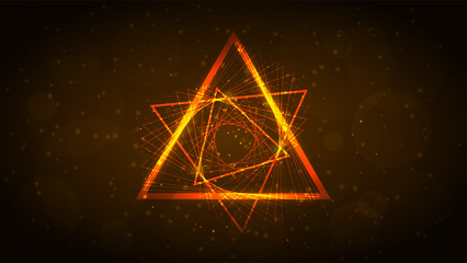 Orange neon triangle of interweaving lines with glitter and radiance, spirograph, geometric shape. Abstract dark and shining galaxy space background. Eps10 vector illustration.