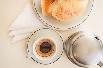Espresso coffee with bread and sugar