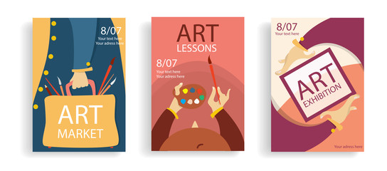 Set of art banners. Exhibition, art lessons ,market . concept . Cartoon hands with frame, bag with brushes and artists . Colourful flat posters. Vector © Igor
