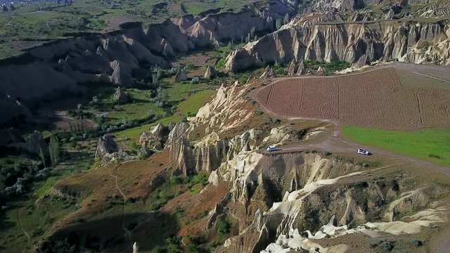 Cappadocia / Turkey- May 23 2018: Valley of Love, aerial view, caravanning