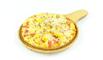 Pizza mozzarella cheese in a wooden tray isolated on white background, Blank for design.