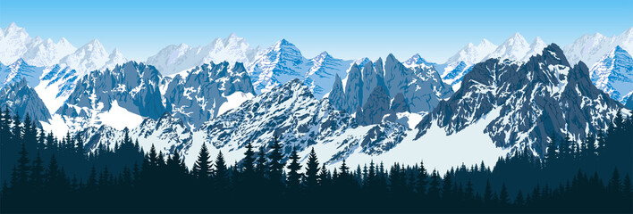 vector karakoram himalayan mountains   with forest panorama