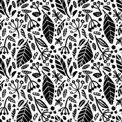 Vector seamless pattern with ink drawing herbs, flowers, monochrome artistic botanical illustration. Botanical monochrome repeatable motif.