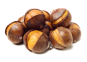 chinese food, peeled roasted chestnut on white background
